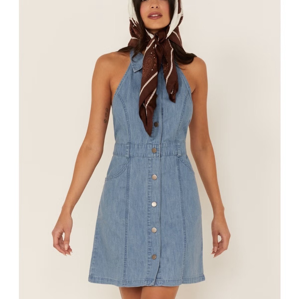 Free People Sami Light Blue denim chambray halter Mini Dress 51869
